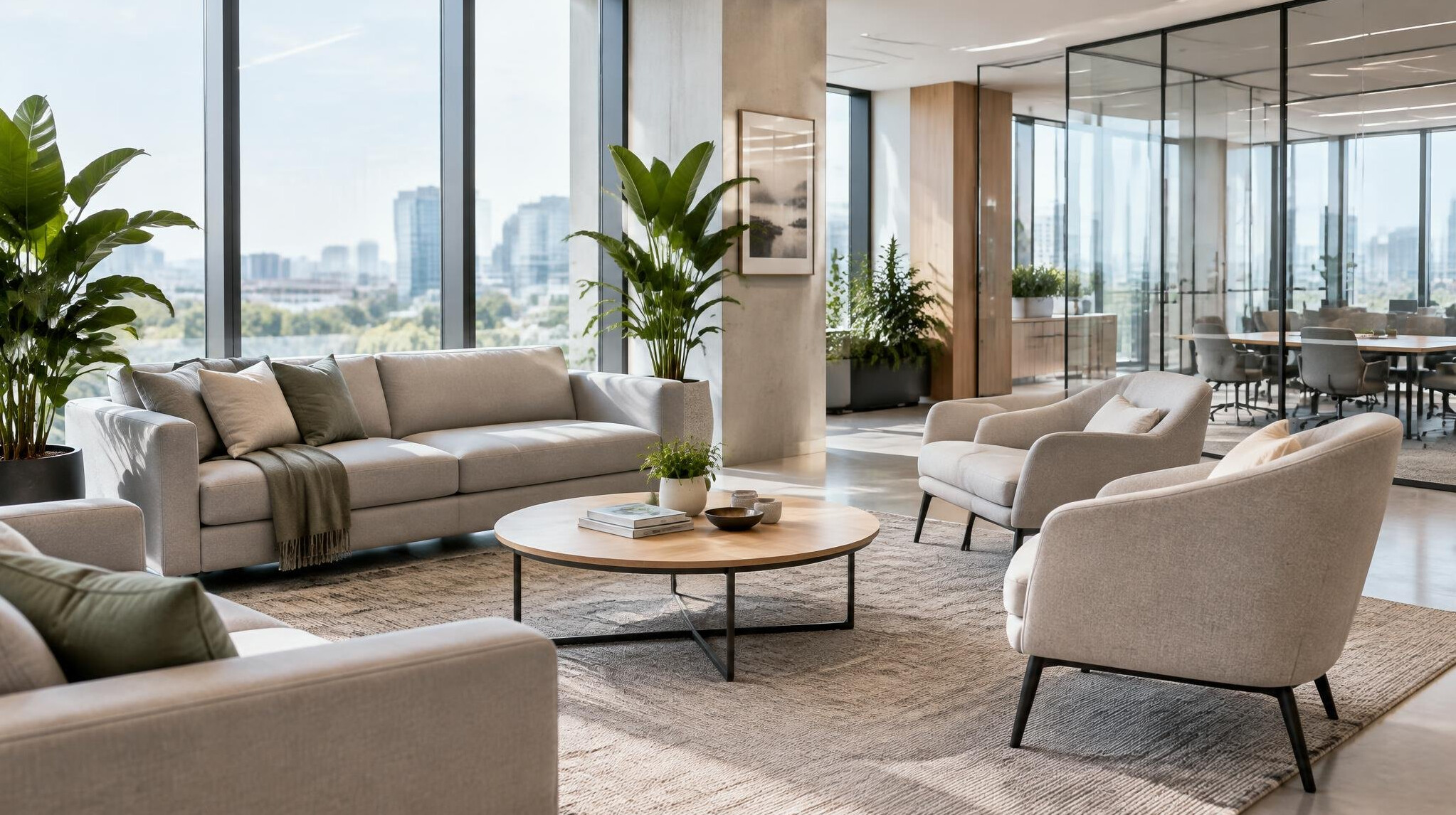 Bright modern office lounge with sofas and glass partitions
