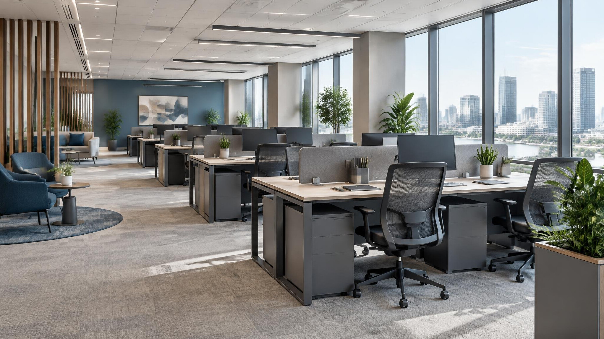 Open-plan office floor with desks, plants and natural light